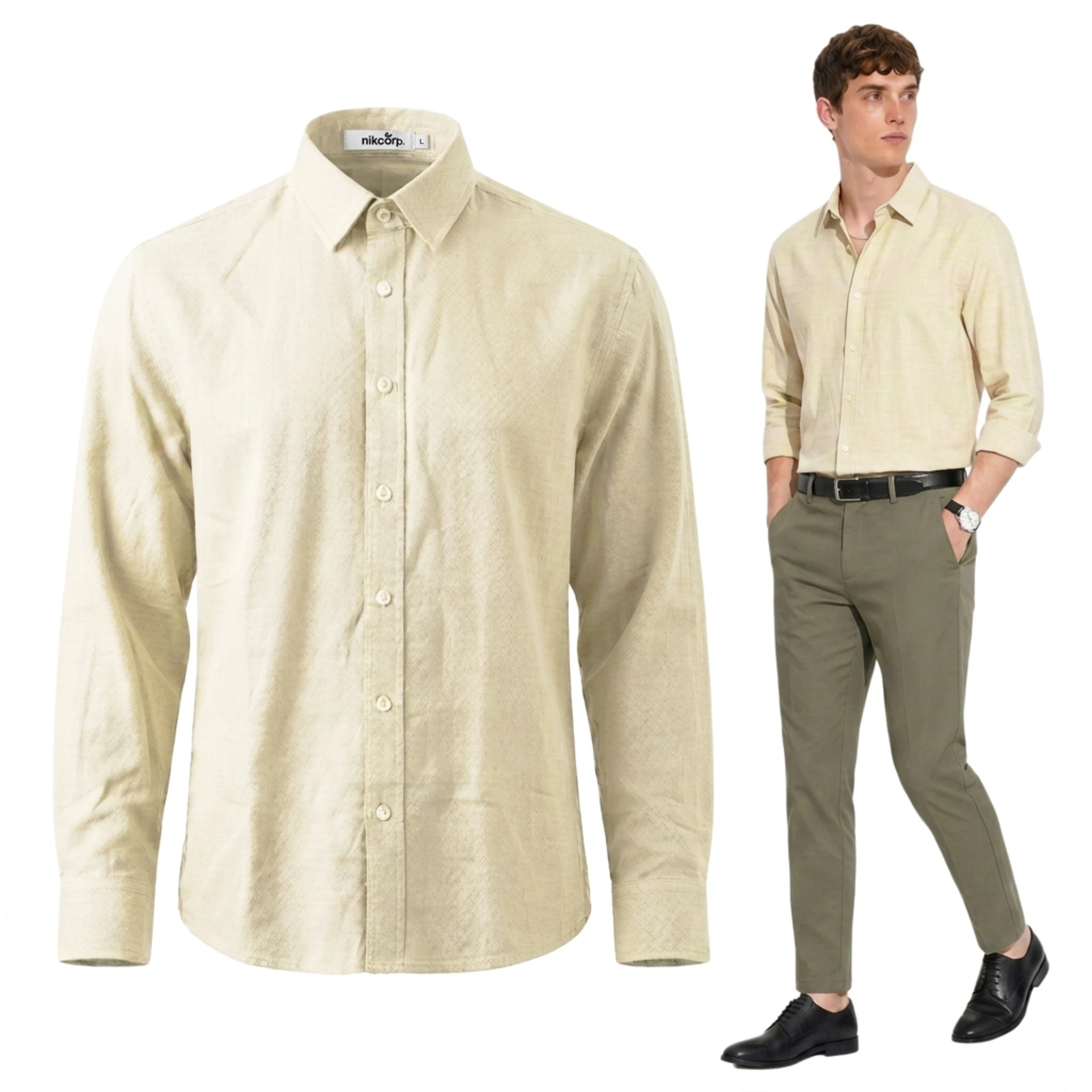 Chemise d'été décontractée en coton pour hommes, manches longues, élégante, beige, taille M, en lin, vêtements formels pour hommes, chemise coupe classique, chemise d'été pour hommes, chemise à col, chemise en coton, chemise de travail