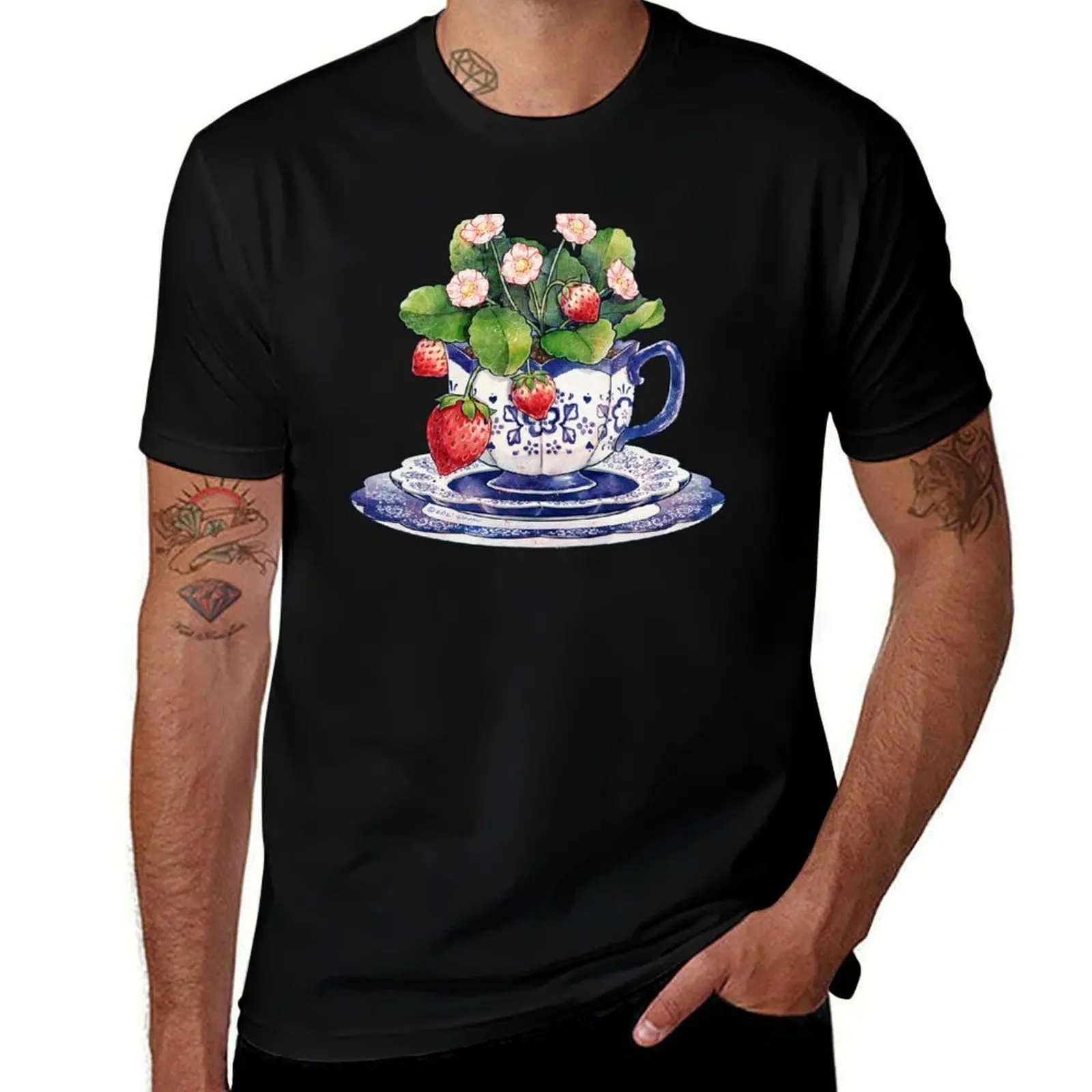 Teacup with Strawberry Plant T-Shirt Fashion Letter Print T-Shirt