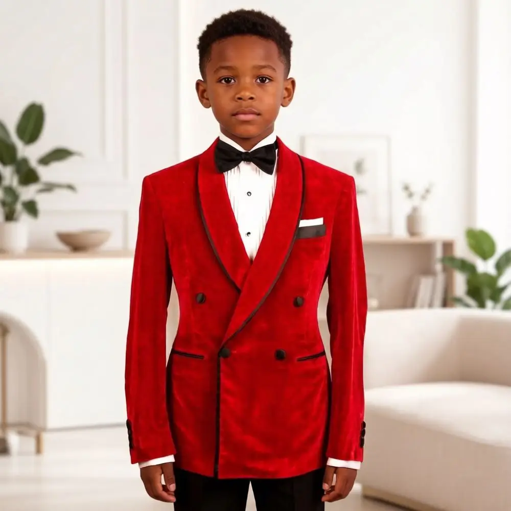 Red Velvet Child Suits for Boy Slim Fit 2 Pieces Double Breasted Suits Mix Match Groom For Prom Stage Performance Wedding