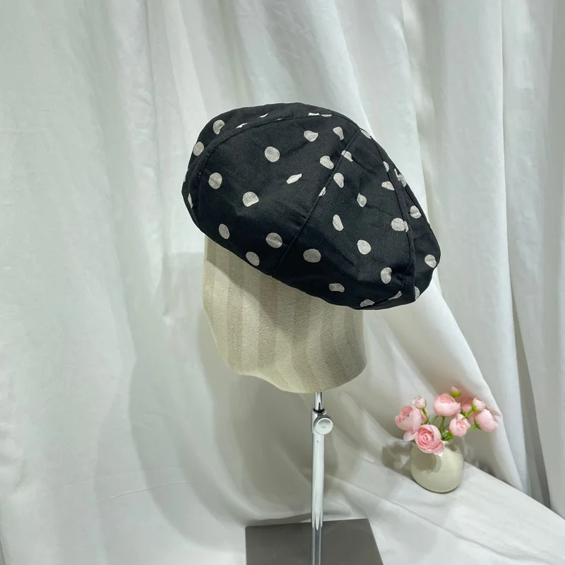 

Японская ретро-шапка-берет с черным жаккардовым узором в горошек, женская, весенне-летняя, универсальная, в литературном стиле, восьмиугольная, в стиле художника