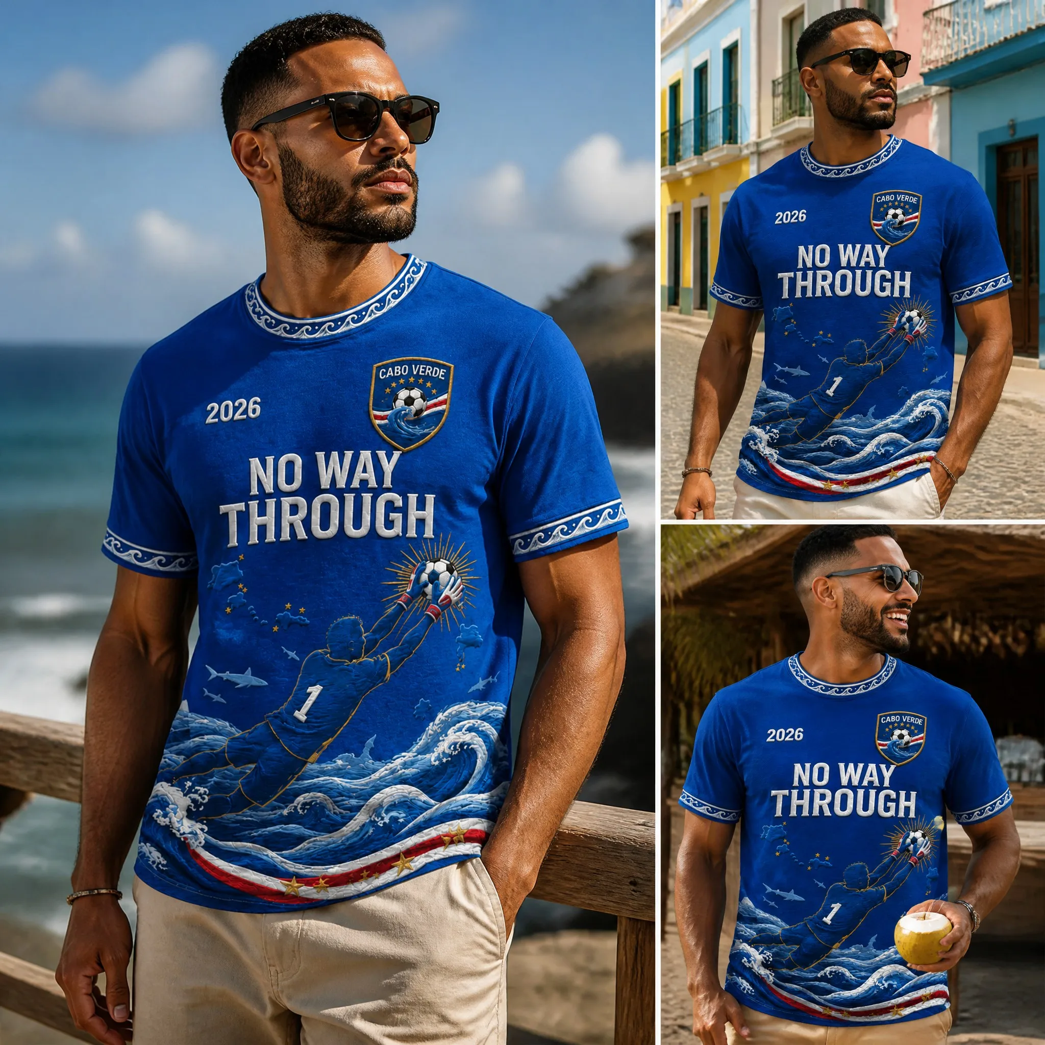 Mens Cabo Verde Crew Neck T Shirt Blue No Way Through Print Short Sleeve Casual Top Coastal Fan Summer Style Streetwear Look Tee