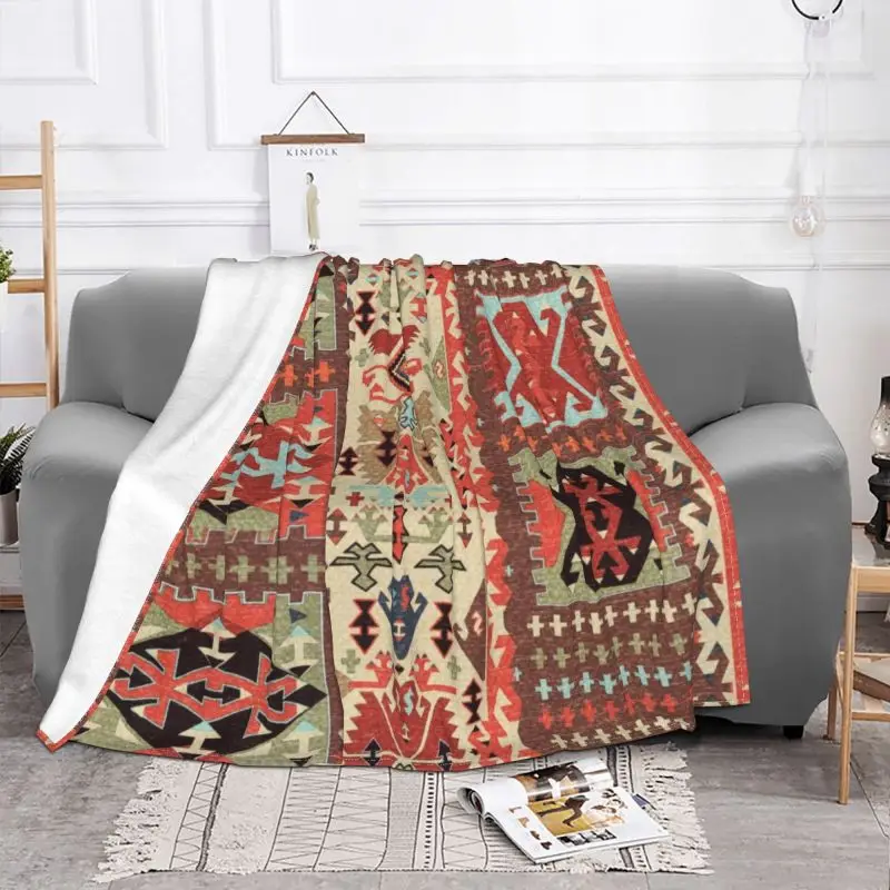 Turkish Kilim Fantasy Magic Carpet Blanket Warm Fleece Flannel Boho Bohemian Ethnic Persian Tribal Throw Blankets for Sofa Couch