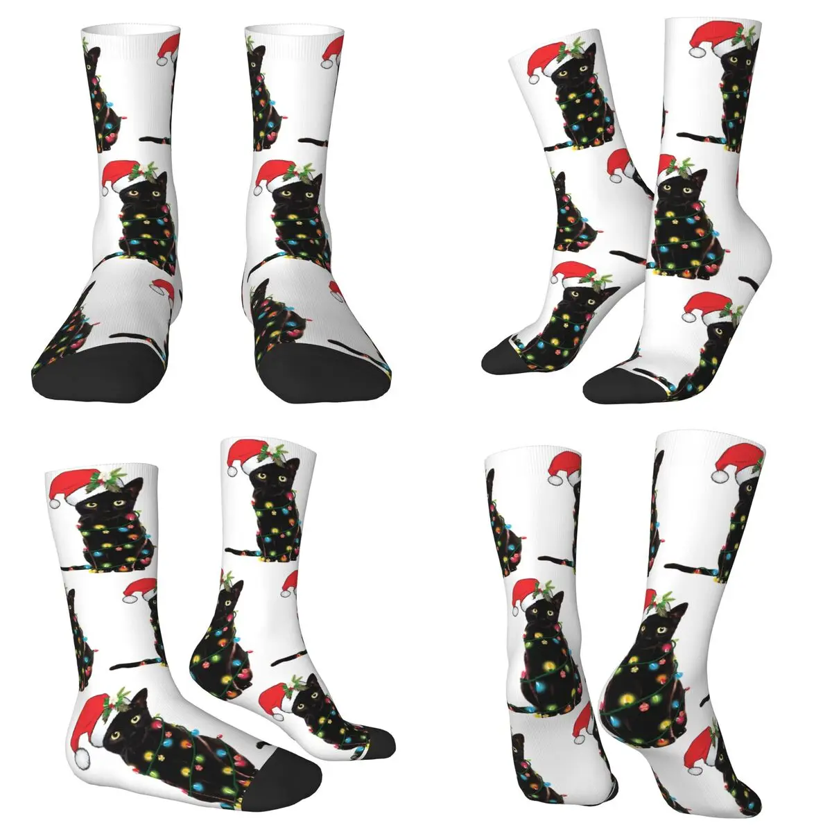 

Black Santa Cat Tangled Up In Lights Christmas Santa Socks Harajuku Sweat Absorbing Stockings All Season Long Socks