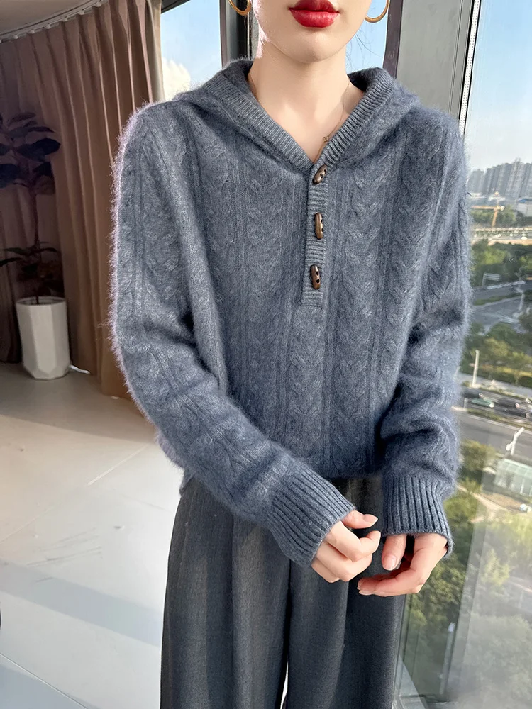 เสื้อฮู้ดไหมมิงค์แคชเมียร์แท้ 100% สำหรับผู้หญิง รุ่นใหม่ ติดกระดุมเขาสัตว์ สวมหัว ใส่ได้ทั้งฤดูใบไม้ร่วงและฤดูหนาว เนื้อนุ่ม อุ่นสบาย เสื้อไหมมิงค์แคชเมียร์ถักเนื้อหนา