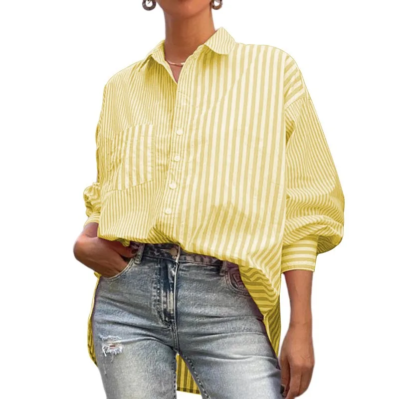 2025 Spring New Women's Fashion Style Collar Loose Long Sleeve Striped Shirt