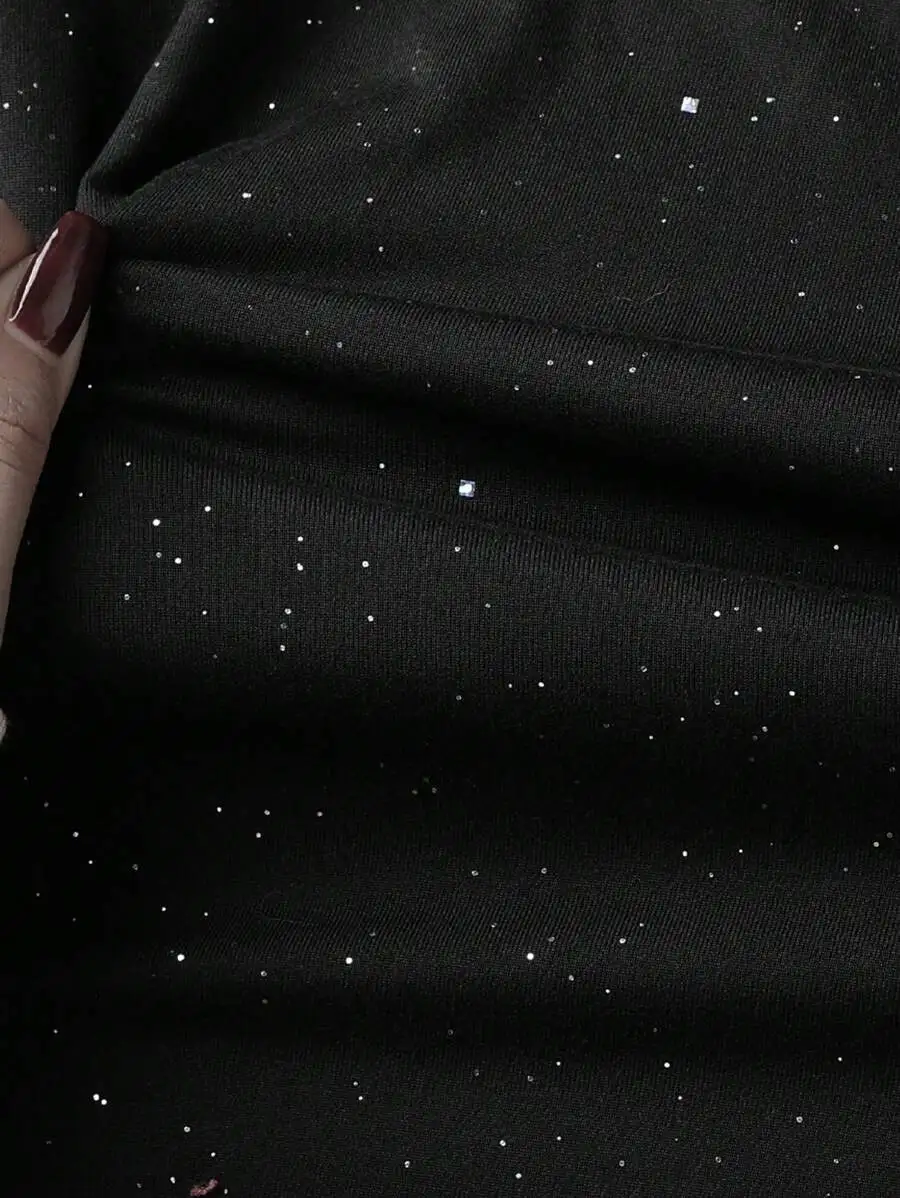 

Black Plus Size Sparkly Mini Dress With Long Sleeves, Twist Knot Front, Hollow-Out Sides And Casual Vacation Vibe