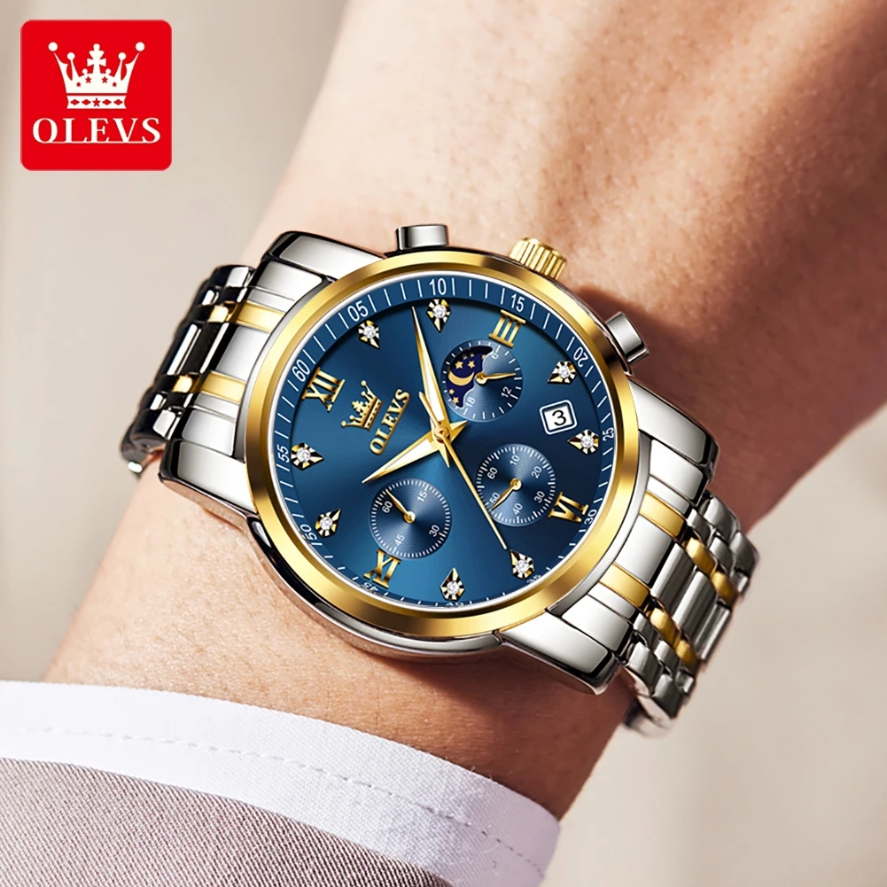 OLEVS 2858 جديد كوارتز ساعة رجالي مقاوم للماء ومضيئة الفولاذ المقاوم للصدأ المرحلة القمرية توقيت رمز ساعة العلامة التجارية الفاخرة ساعة رجالي