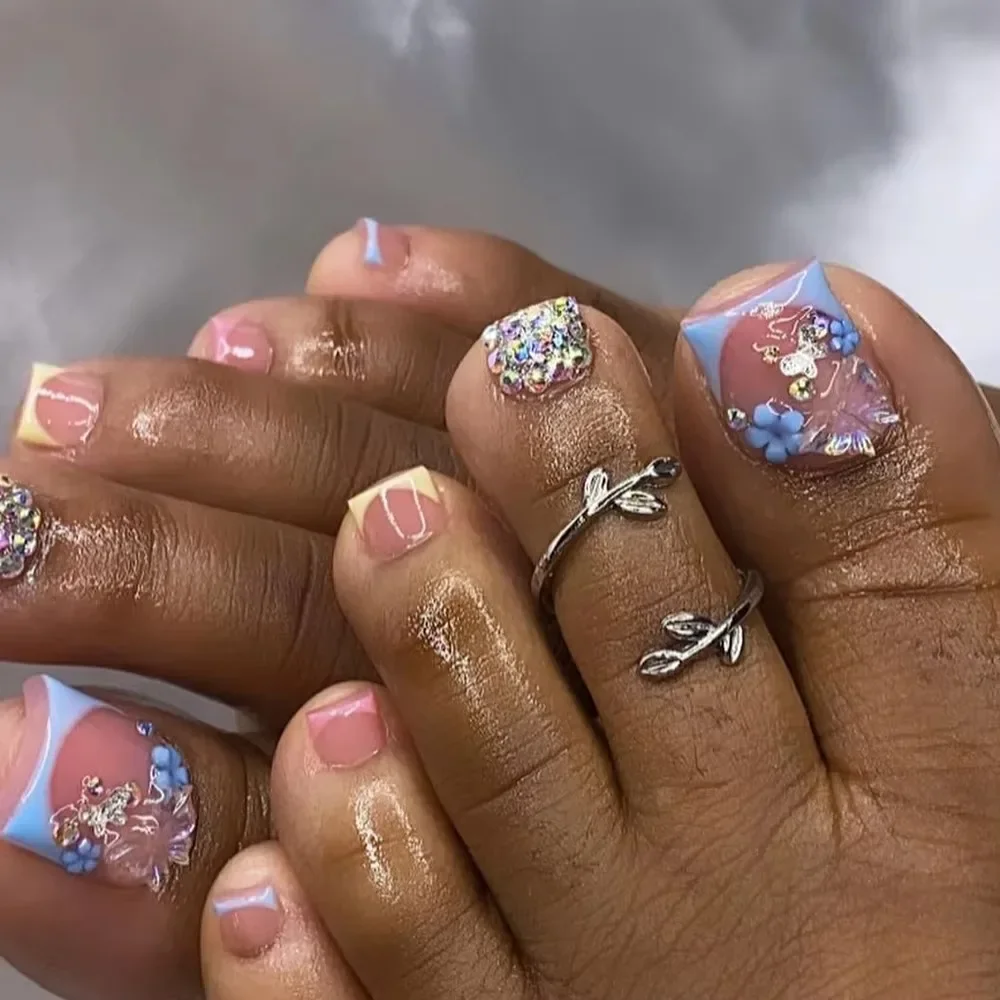 Luxe 3D bloem kristal parel vlinder glitter strass Franse nep teennagels charme teen kunstnagels kunst druk op teennagels tip