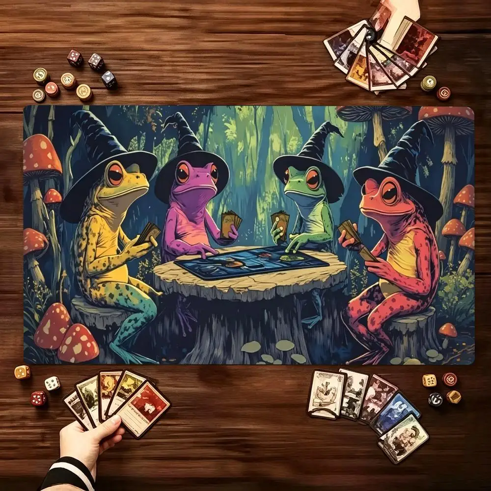 Large Forest Frog Wizard  TCG Game Playmat Non Slip Rubber Base Smooth Fabric Trading Card Battle Mat For Tabletop Card Gaming