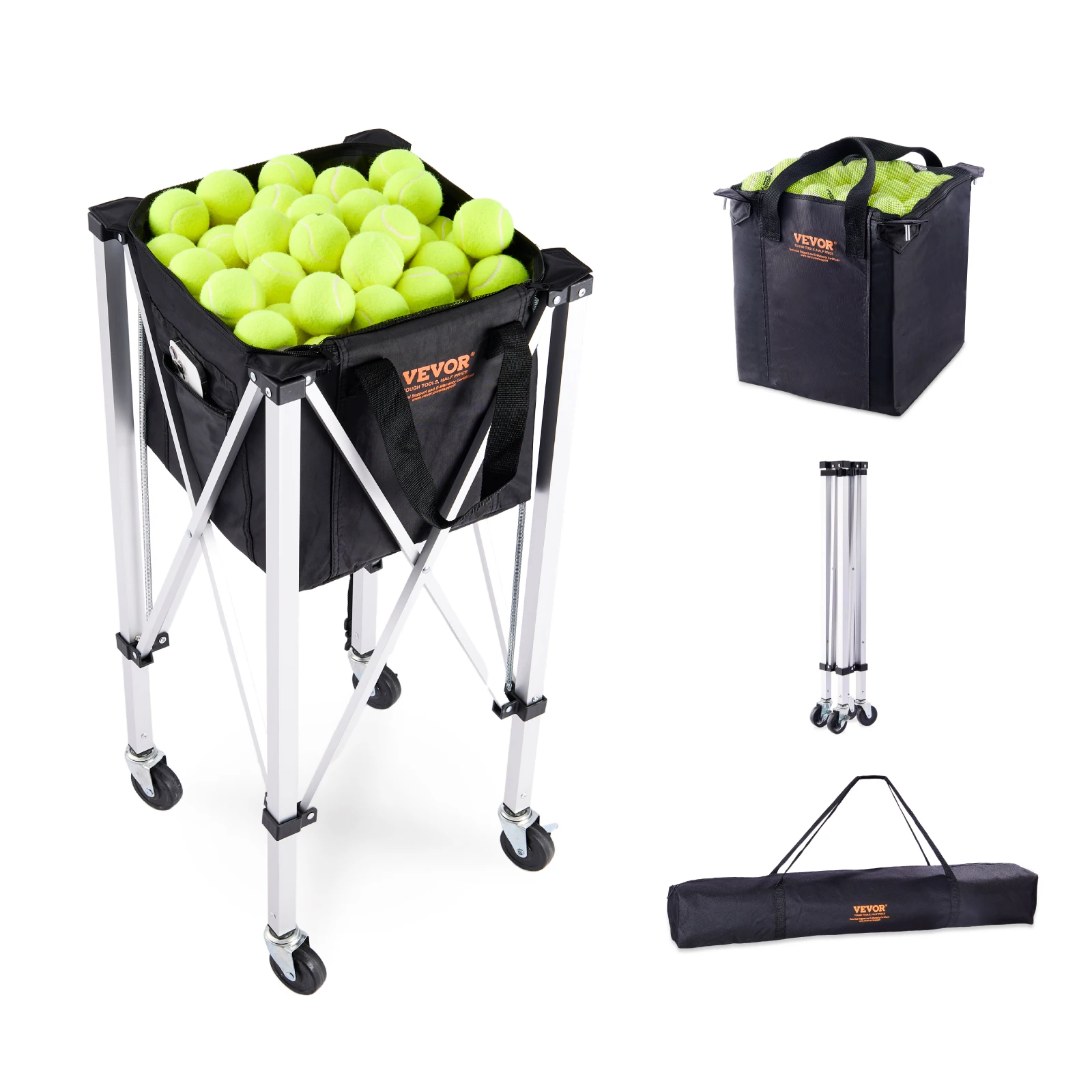 VEVOR Foldable Tennis Ball Cart Holds 150/180 Tennis Balls Basket Hopper with Wheels Sports Teaching Portable Baseball Trolley