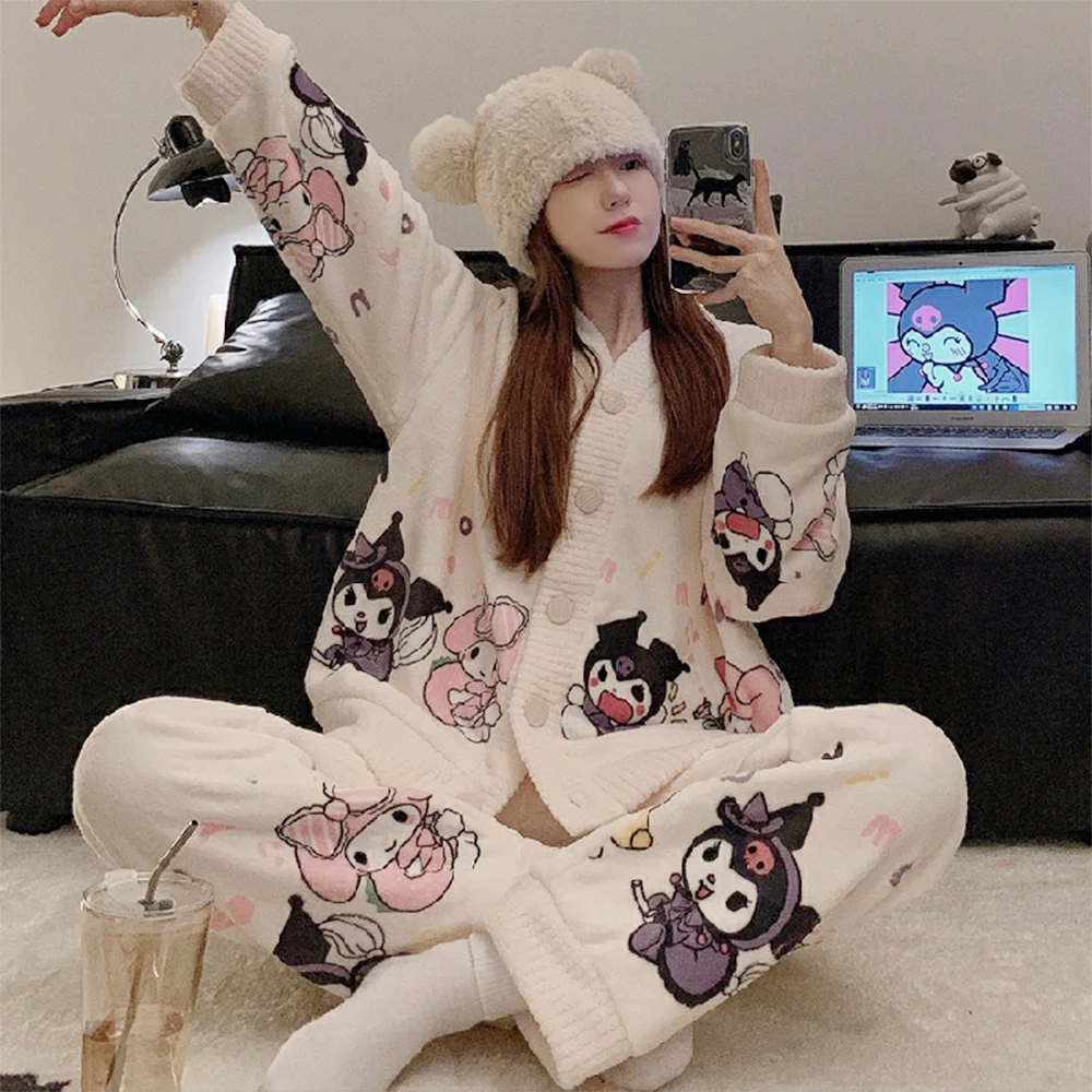 

Kawaii My Melody Cardigan Plush Pajamas Set for Women Cinnamoroll Kuromi Sanrioed Anime Home Clothes Spring Winter Sweet Thicken