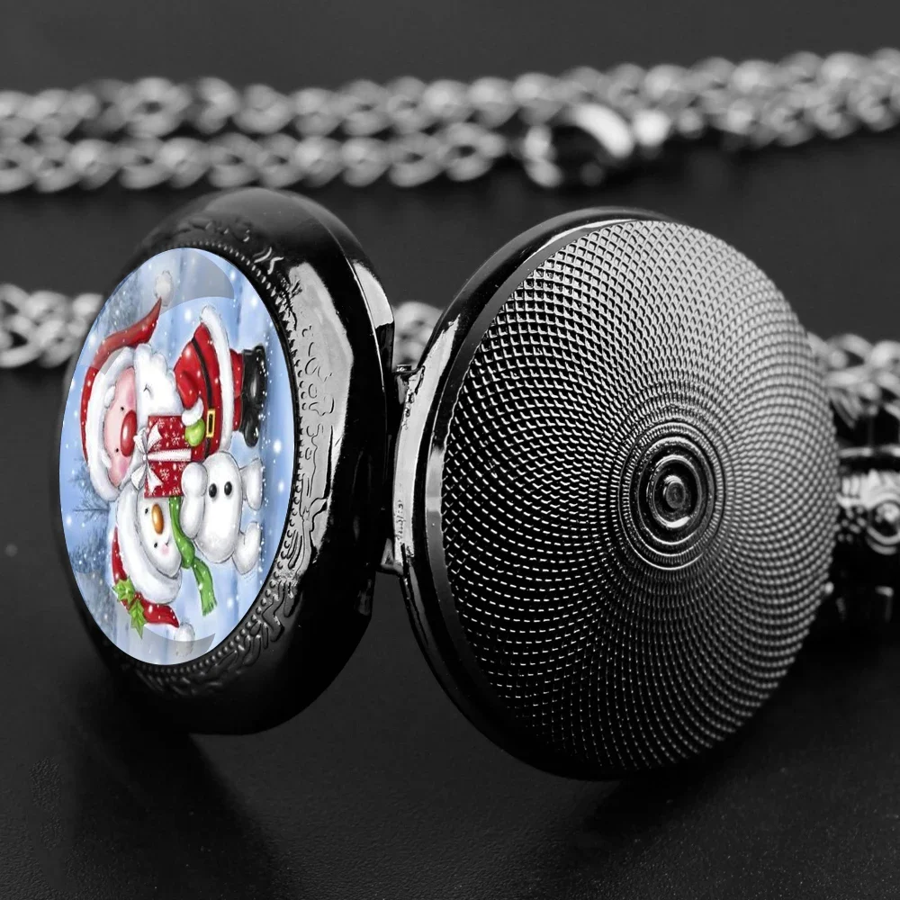 ساعة جيب كوارتز على شكل قبة زجاجية لعيد الميلاد سانتا ثلج مع سلسلة متينة ومينا أرقام عربية هدايا غير عادية للرجال والأطفال