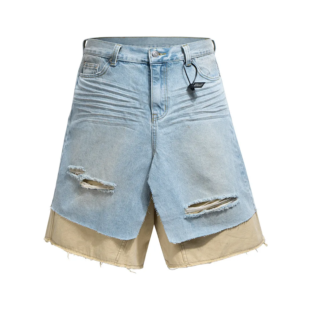 Streetwear y2k Mens Fake Two-piece Contrast-colored Denim Cropped Shorts Wash Patchwork Ripped Cargo Jeans Shorts Baggy