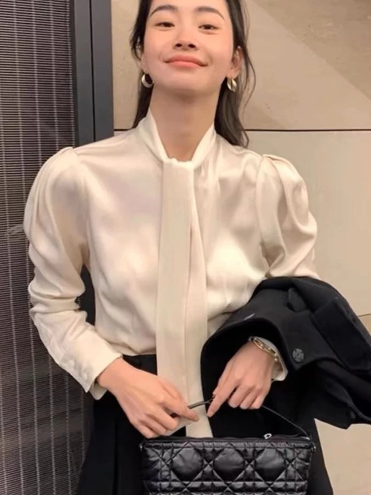 

Женская топ-блузка из ацетатного сатина, весна 2025, корейский стиль, свободный крой, длинный рукав, цветной