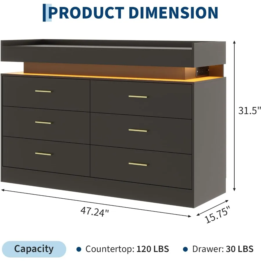 Modern TV stand for living room use, engineered wood in white finish, features 6 drawers, floating countertop, integrated LED l