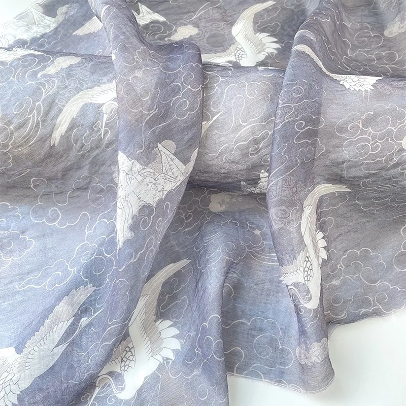 2 Yards of Gray-Blue Cloud and Crane Print Tencel Linen Fabric, Traditional Chinese Style Fabric for Hanfu Shirts and Skirt DIY
