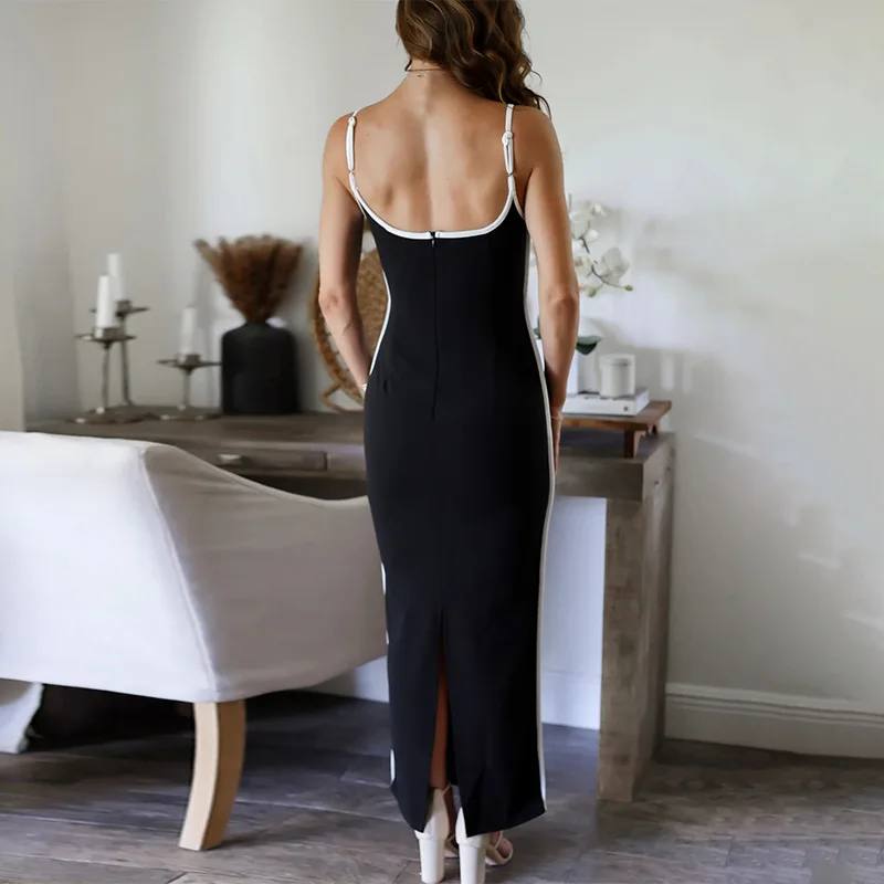 Vacation Beach Sexy Backless Halter Dress Black White Line Summer Elegant Slim Party Gown for Women V Neck Sleeveless Prom Dress