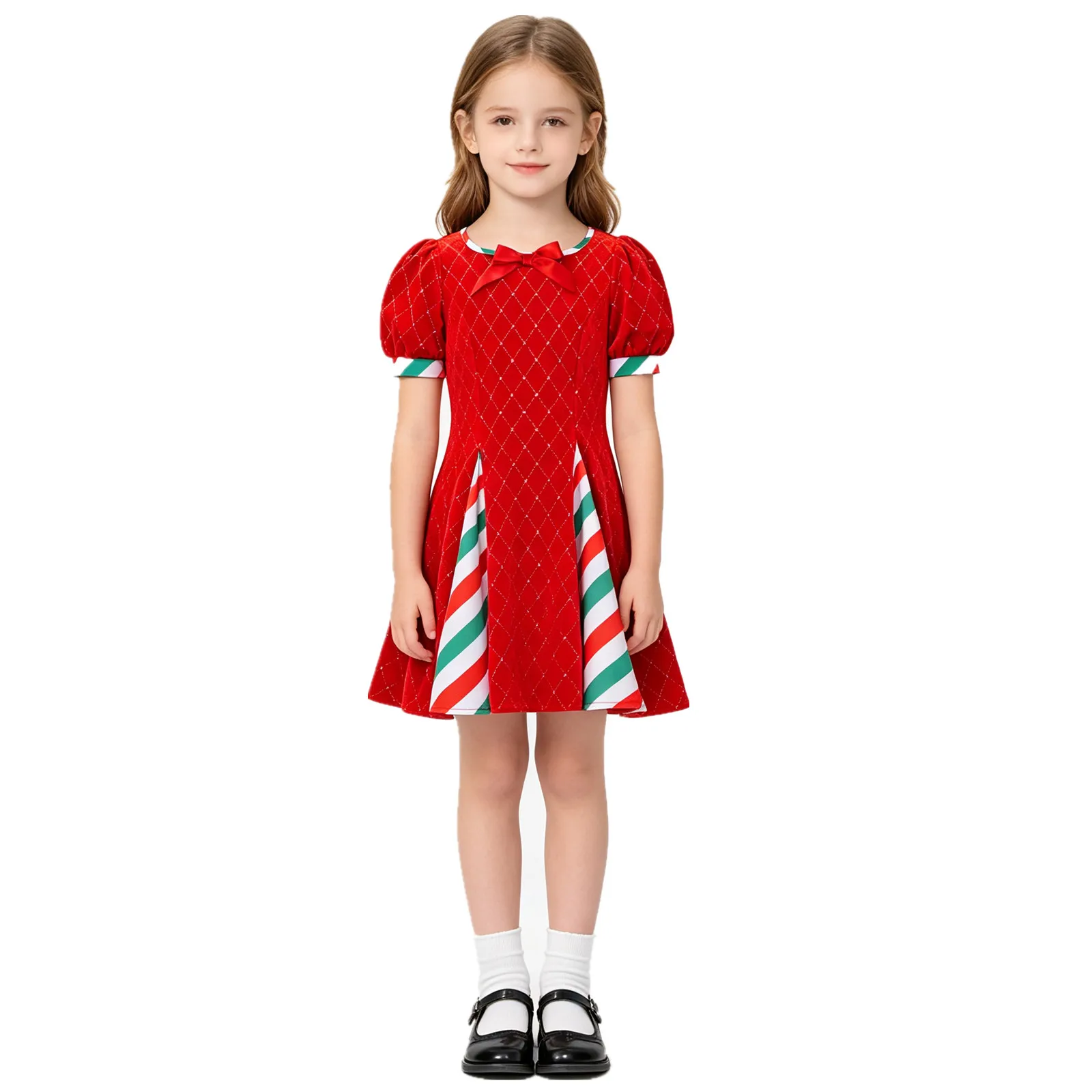 Vestido de terciopelo navideño para niñas, disfraz de fiesta de Navidad y Año Nuevo, manga corta, con cremallera, pedrería, rayas, bastón de caramelo, vestido de Papá Noel.