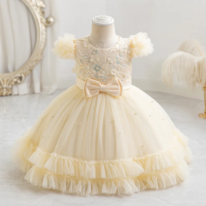 HETISO Petal Appliques Baby Birthday Party Dress Beading Sequins Flower Girl Gown for Weddings Princess Eids 6M-4 Years