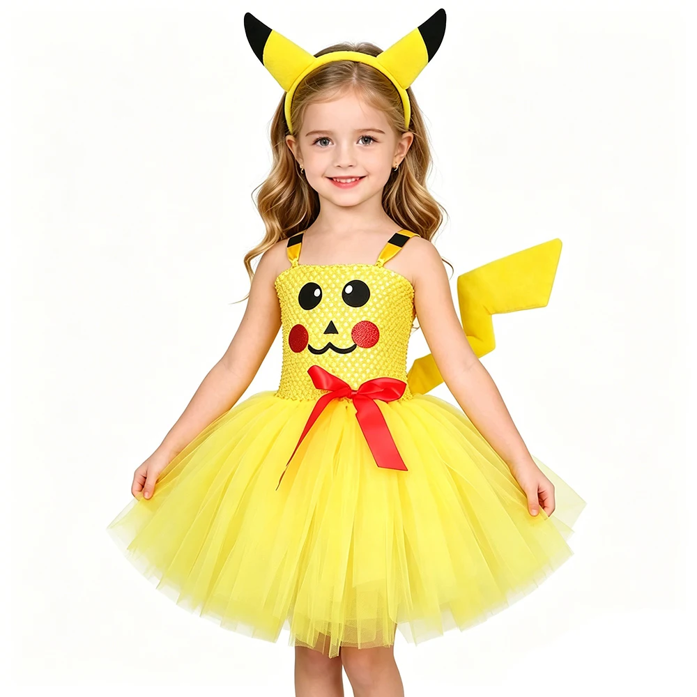 Gelbe Cartoon-Rattenkostüme für Mädchen, Tierverkleidung, Tutu-Kleid mit langen Ohren und Schwanz für Geburtstags- und Halloween-Partys