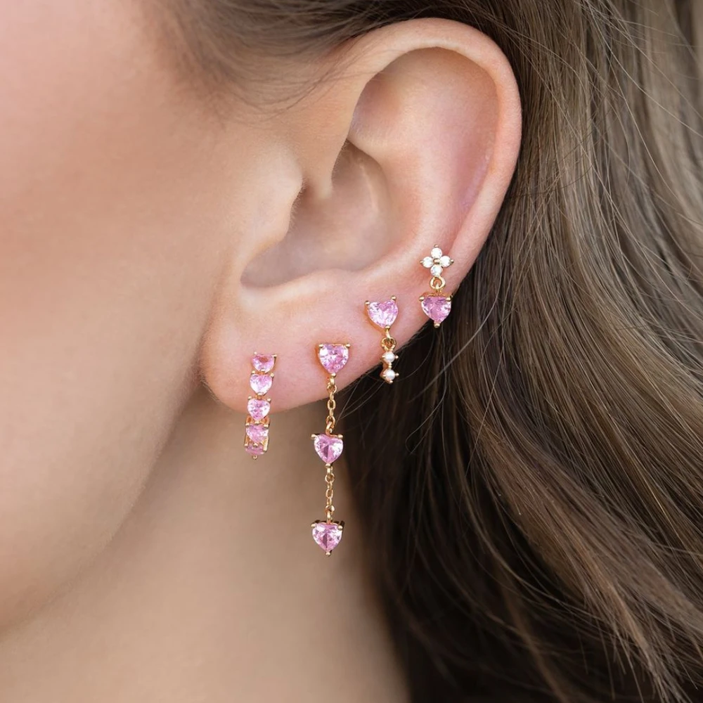 4PCS Y2K Fashion Vintage Sweet Pink Zircon Love Heart Stud Earrigs Set For Women Birthday Party Jewelry Gifts