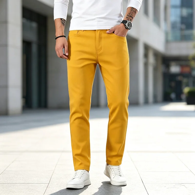 Men Solid Mustard Yellow Slim Jeans Casual Stretch Color Denim Pants Daily Wear