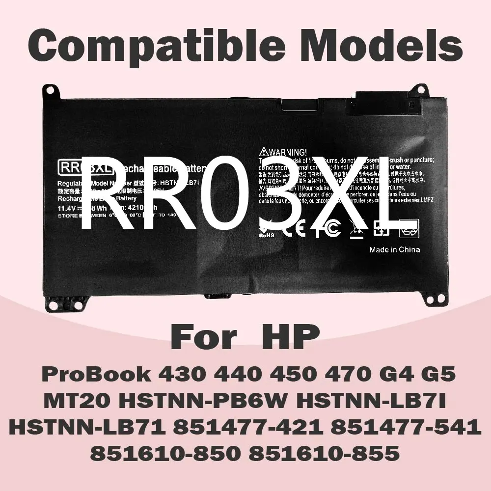 

Аккумулятор RR03XL 48Wh для HP ProBook 430 440 450 455 470 G4 G5 HSTNN-PB6W HSTNN-UB7C HSTNN-LB71 851477-421 851477-541