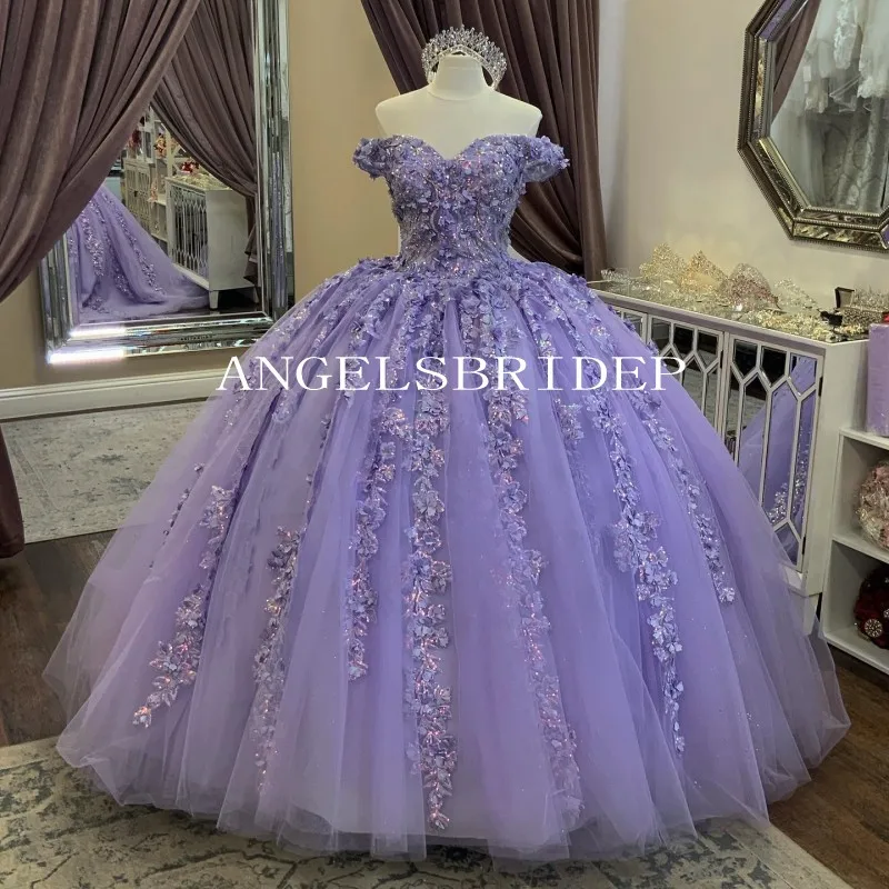 Angelsbridep ชุดเจ้าหญิงชุดไปงานเต้นรำเปิดไหล่ลายดอกลาเวนเดอร์, ชุดหรูหรา vestido 15 quinceañeras สำหรับเด็กผู้หญิง