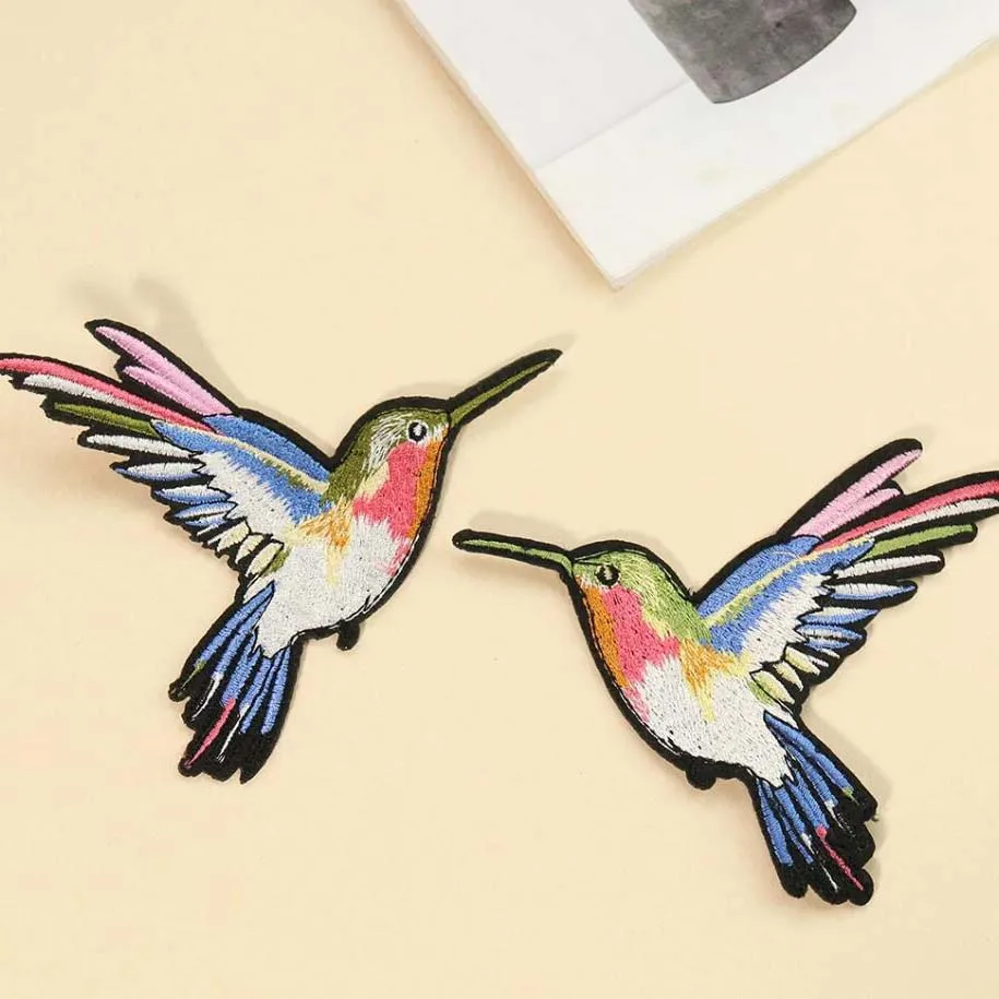 1 Pair Blue Symmetrical Hummingbird Embroidery Patches Jacket Jeans Hole Repair Stickers