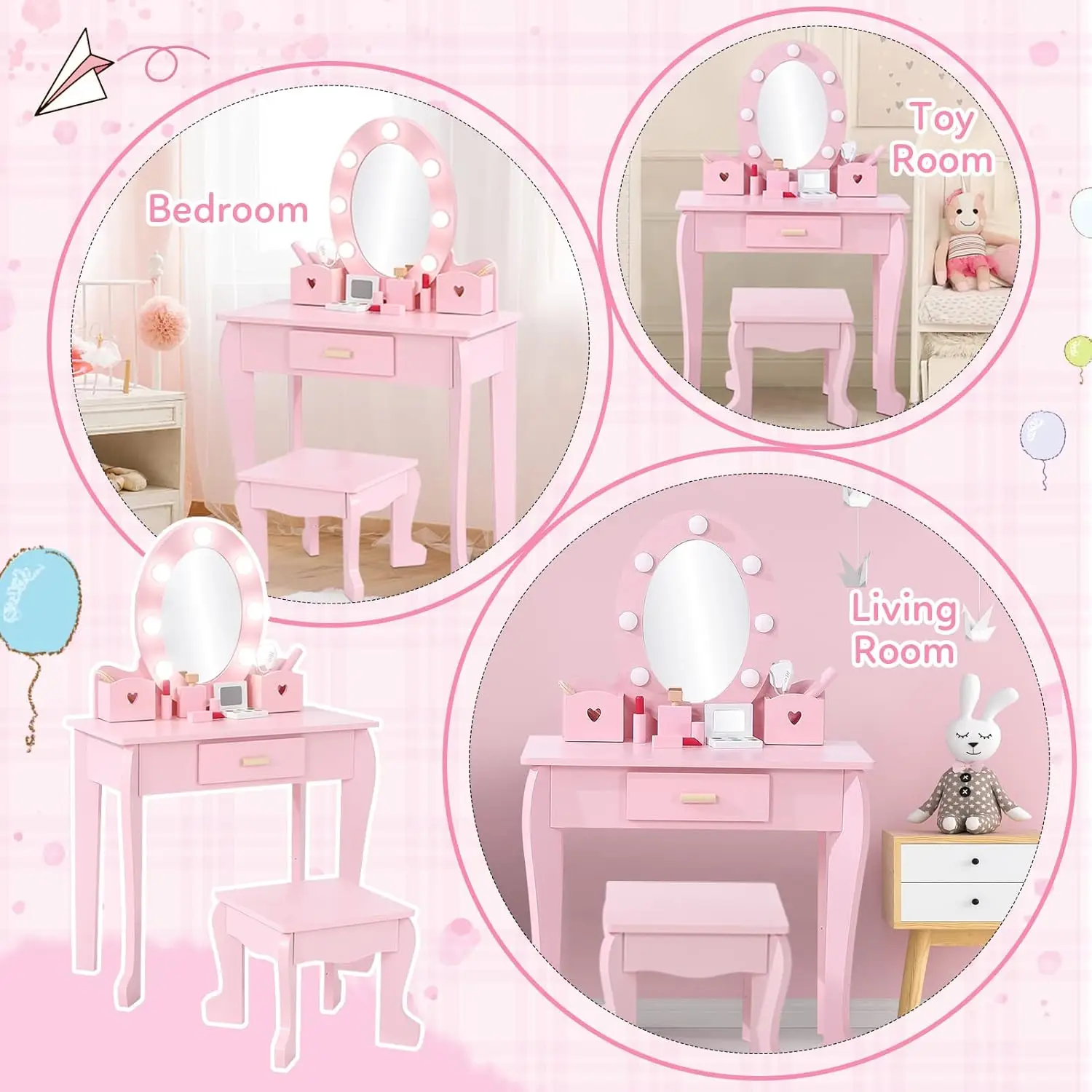 Girls Vanity Table & Chair Set with Lights and Drawer 5