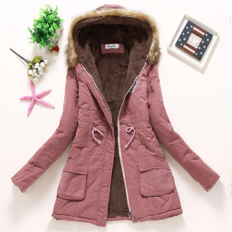 New 2023 Autumn Winter Casual Women Parkas Red Color Slim Long Cotton Coat Adjustable Waist Outwear Female Jacket Femme