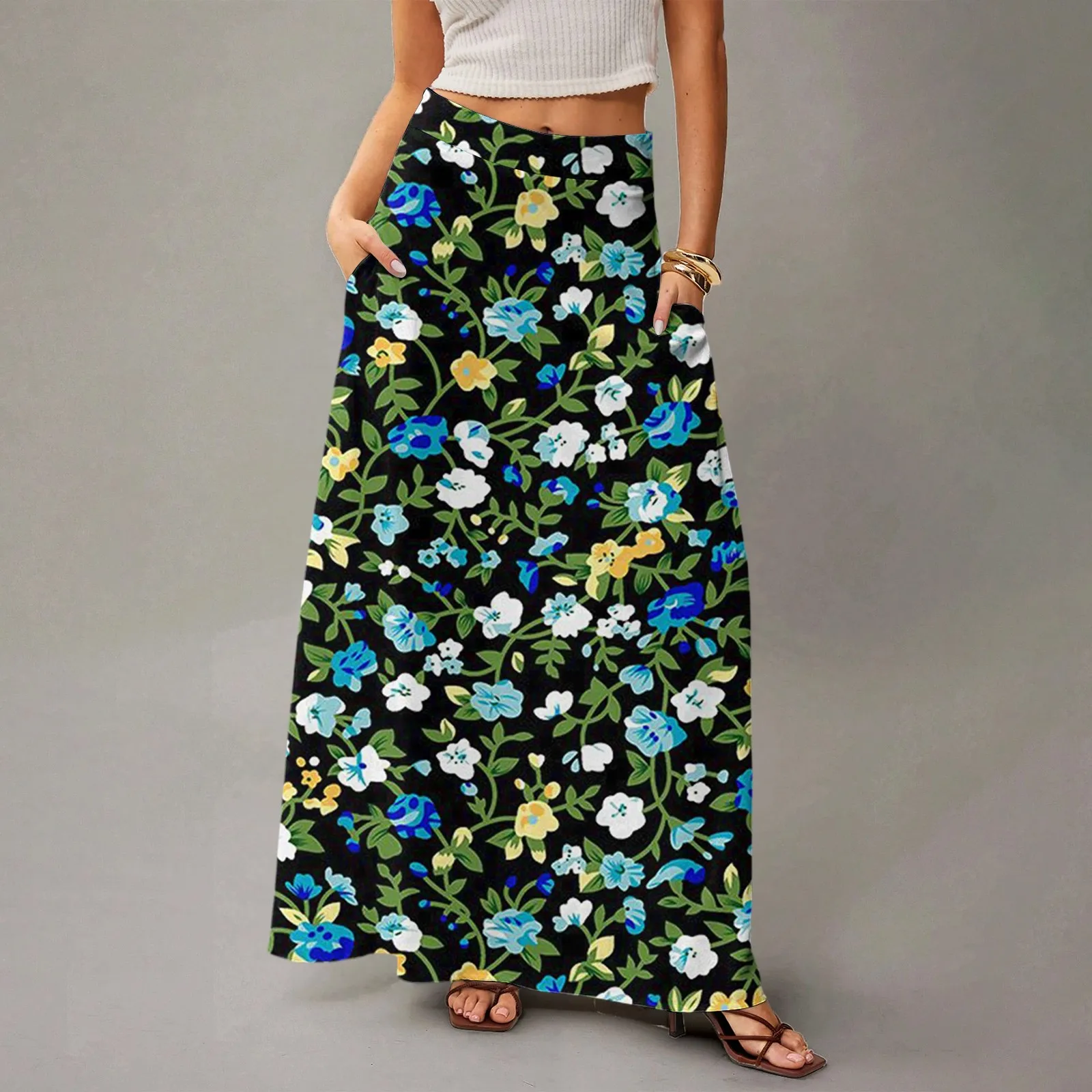 

Fashion Print Skirt women's Flowing Maxi Skirts Casual Summer Floral Print Bohemian Skirt with pockets Beach holiday long skirt