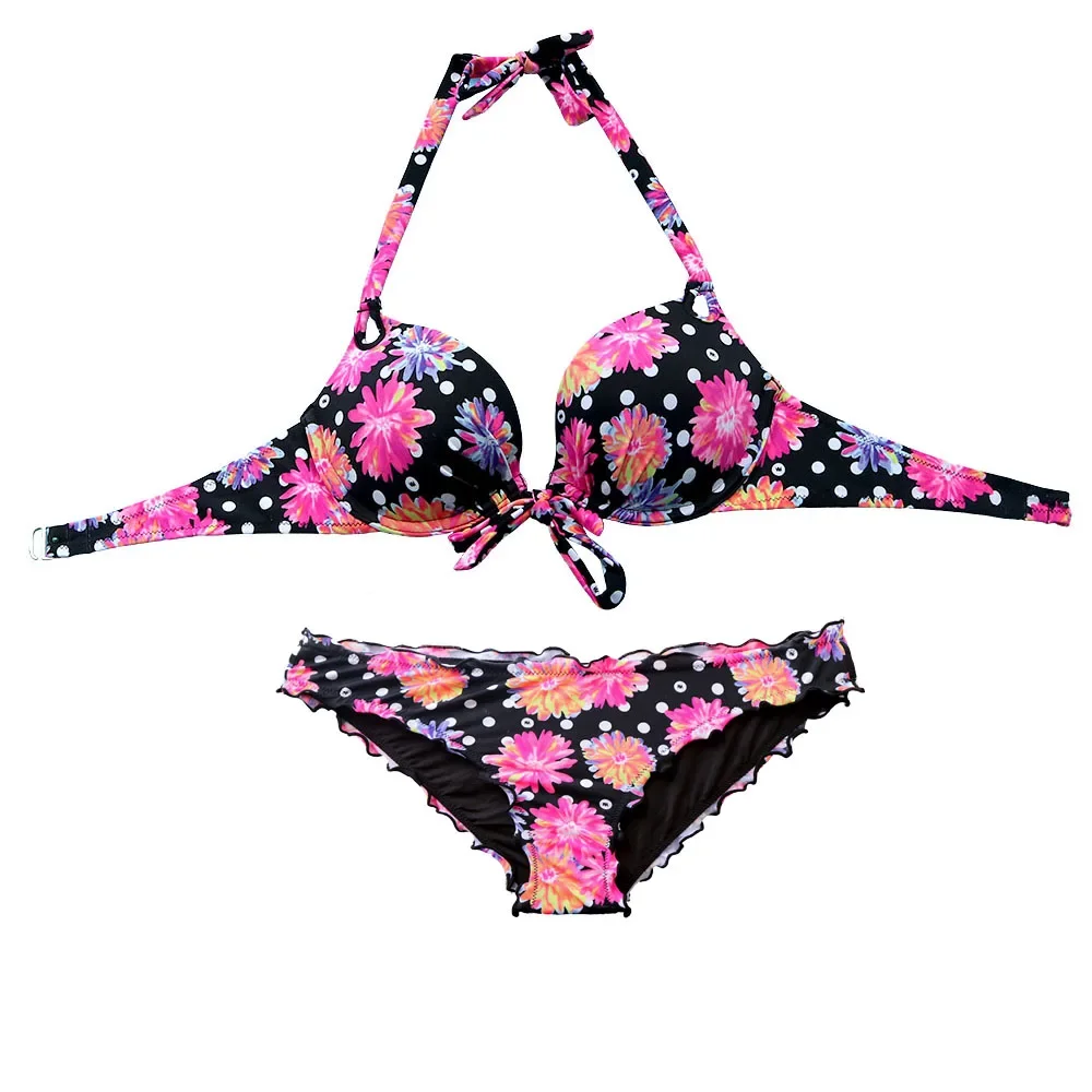 

Women Bikini Black flowers Printing Bra Sexy Swimsuit Push Up Swimwear Biquini Underwire Sexy Secret Bikinis Mix top or bottom