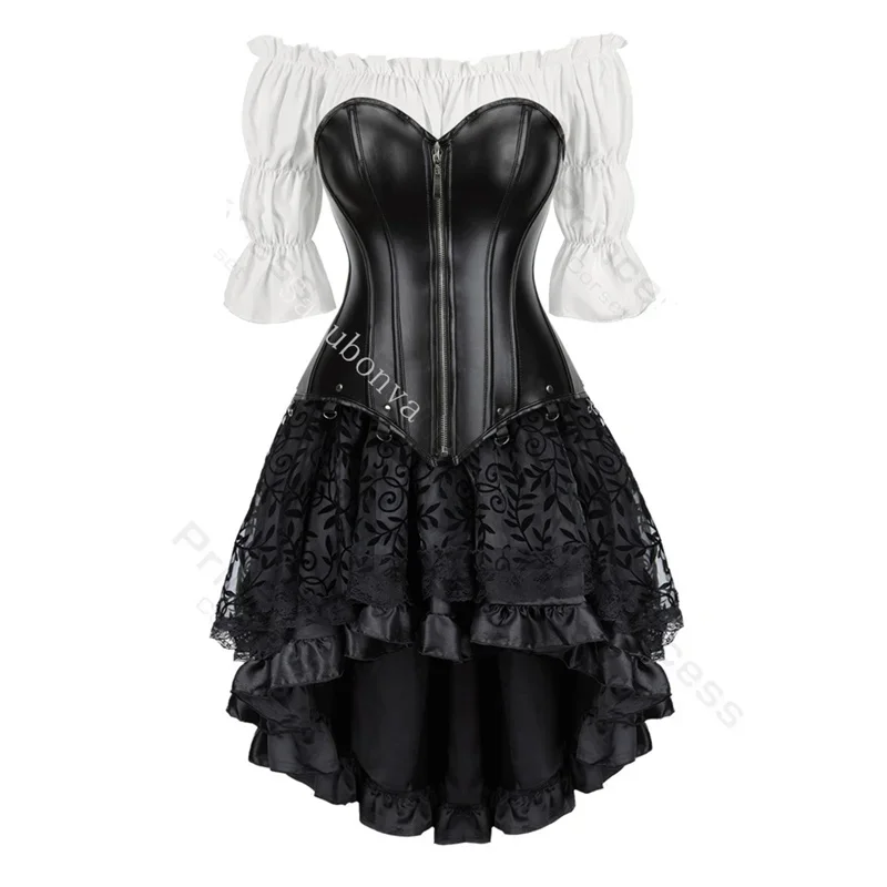 

Кожаное корсетное платье, 3 предмета, на молнии, больших размеров, в стиле пиратского бюстье, сексуальное женское белье, костюм для бурлеска, на шнуровке, черное