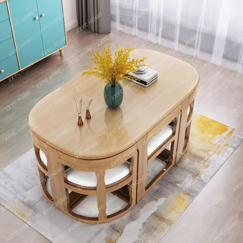 Solid Wood Dining Table and Chair Restaurant Home Invisible Space-Saving Small Apartment Rectangular Dining Table