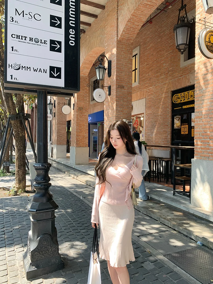 

CloudSweet Minimalist Smart Casual Knitted Set Three Pieces Match All Long Sleeve Cardigan Half Skirt for Commuting Women