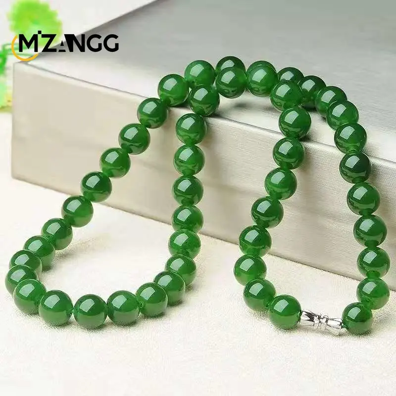 Natural Chinese Green Jade Necklace Hetian Jade Jasper Spinach Green Round Beads Sweater Chain Luxury Charm Jewelry Lady\'s Gift