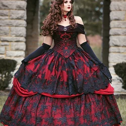 Gothic Medieval Red And Black Lace Ball Gown Wedding Dress Vintage Victorian Lace-up Corset Off Shoulder Customized Bridal Gown