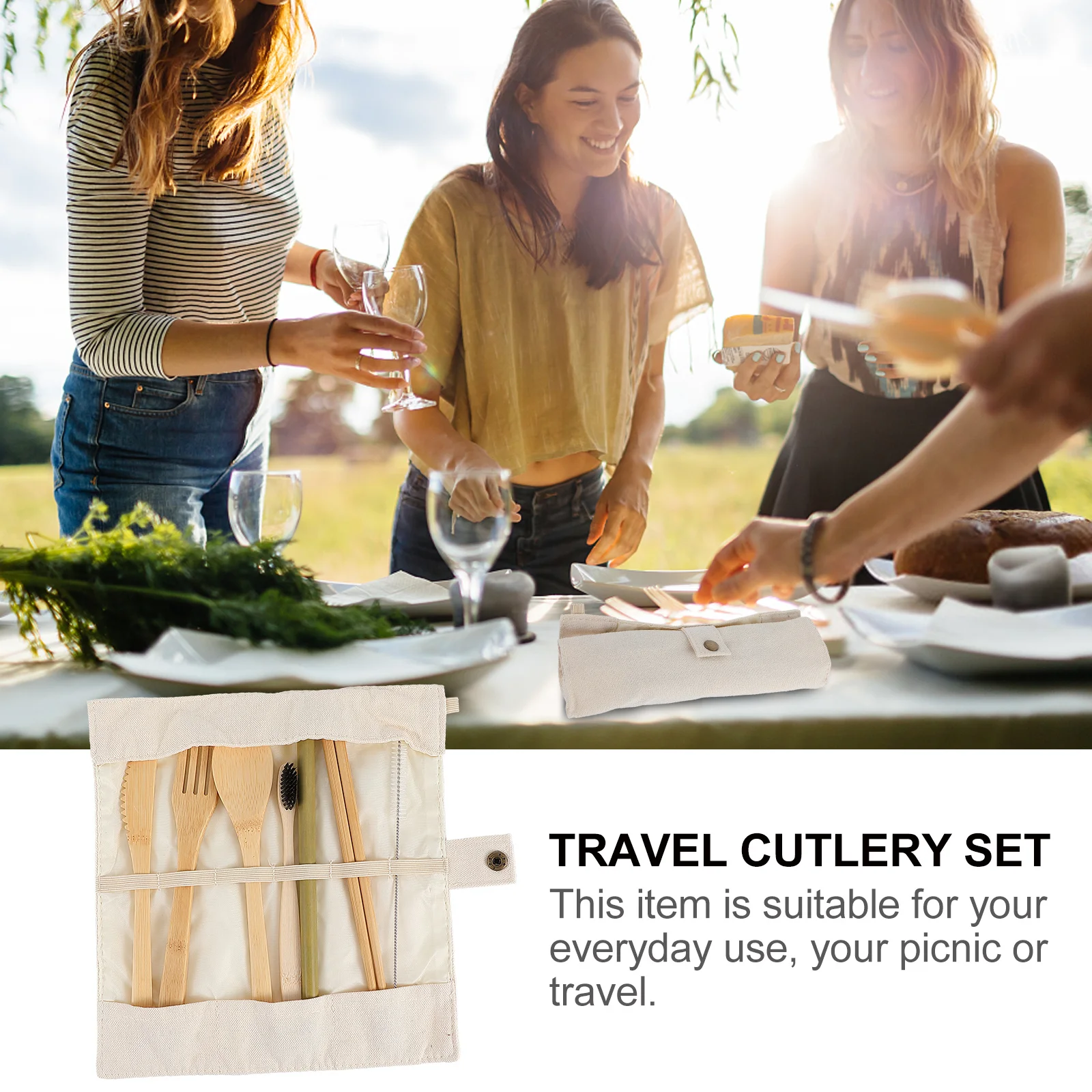 

1Set Bamboo Cutlery Set with Case Portable Utensils for Travel Camping Reusable Bamboo Flatware Set Comfortable Hold Modern