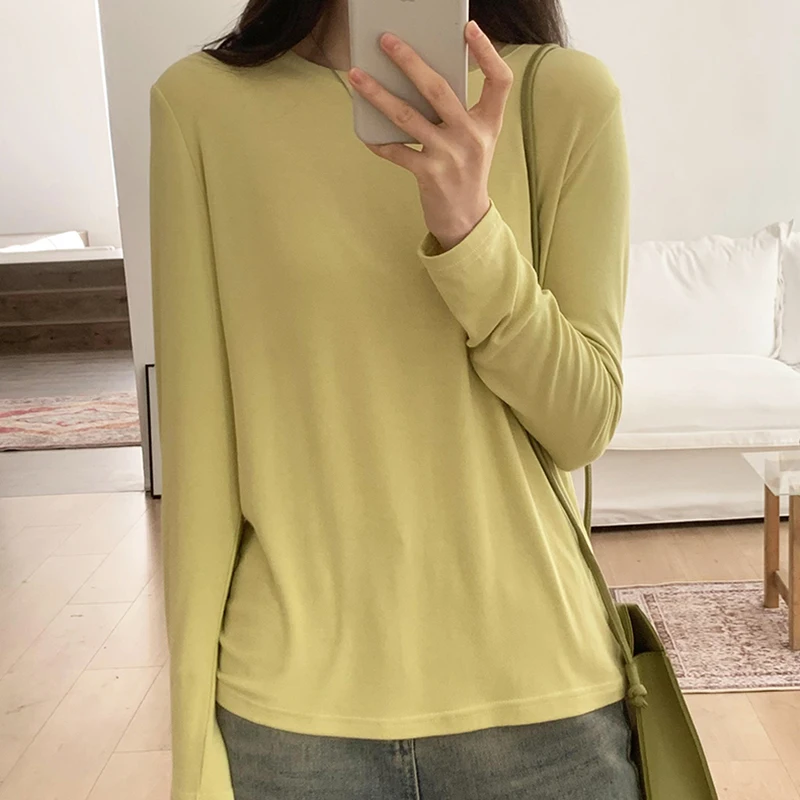 

Casual Loose Basic T Shirt For Women Long Sleeve Tops Elastic Tshirt Korean Style Clothes Solid Tee Shirt Femme Camisetas Mujer