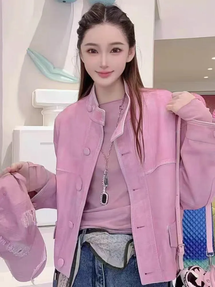 Sweet Female Stand Collar Single-Breasted Genuine Leather Short Jacket Solid Color Long Sleeves Loose Sheepskin Outerwear