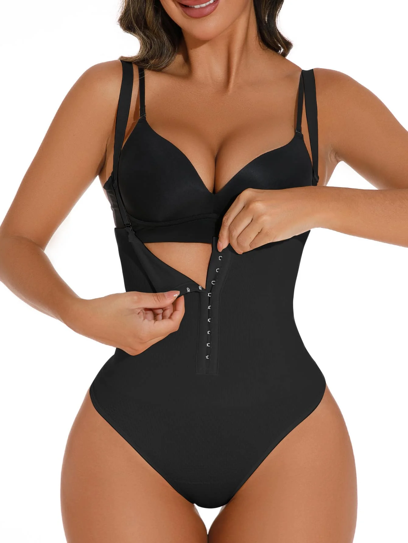 

Womens Black High Stretch Shapewear Bodysuit With Front Hook Closure