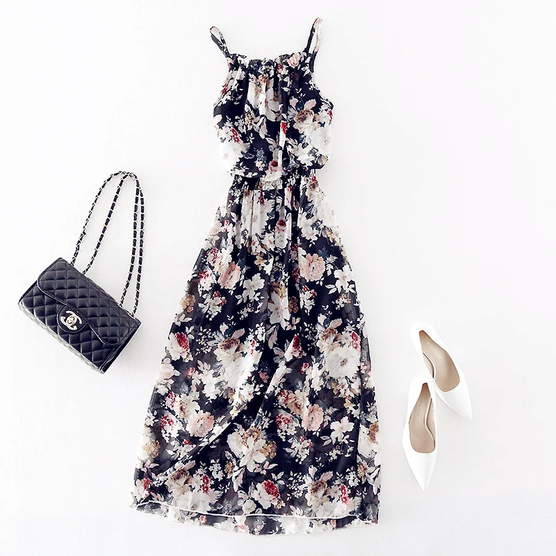 

Summer Vintage Strap Casual Slim Elegant Evening Sleeveless Night Ruffles Sexy Maxi Long Beach Holiday Dress Vestidos Sexy Women