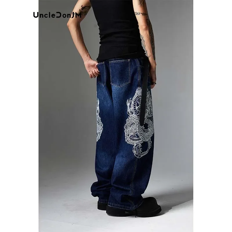 Embroidered Dragon Totem Jeans Hip Hop Baggy Jeans Streetwear Y2k Men’s Jeans Loose Wide Leg Denim High Quality