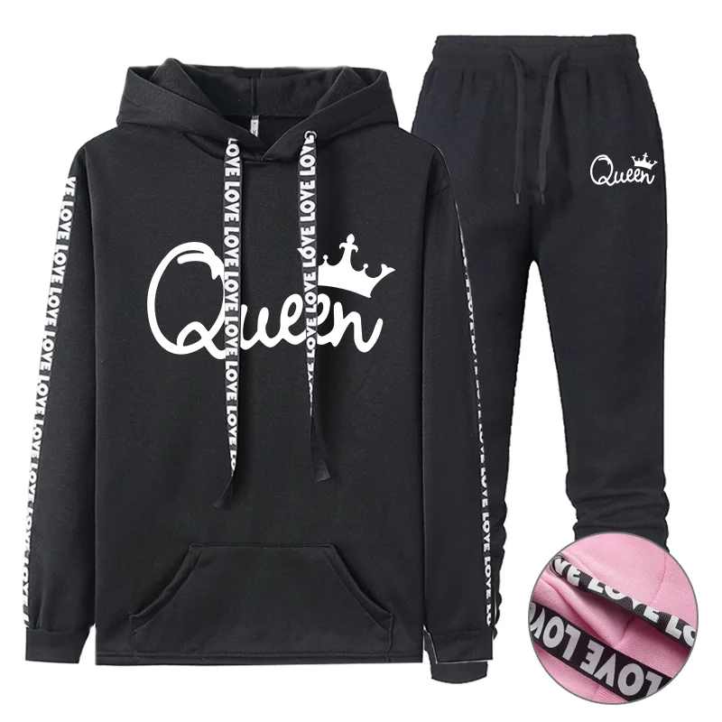 

Autumn Spring Clothing Set Queen Printed Hooded Sweatshirt Sweatpants Casual Jogging Suit Female Streetwear Outwear and Trousers