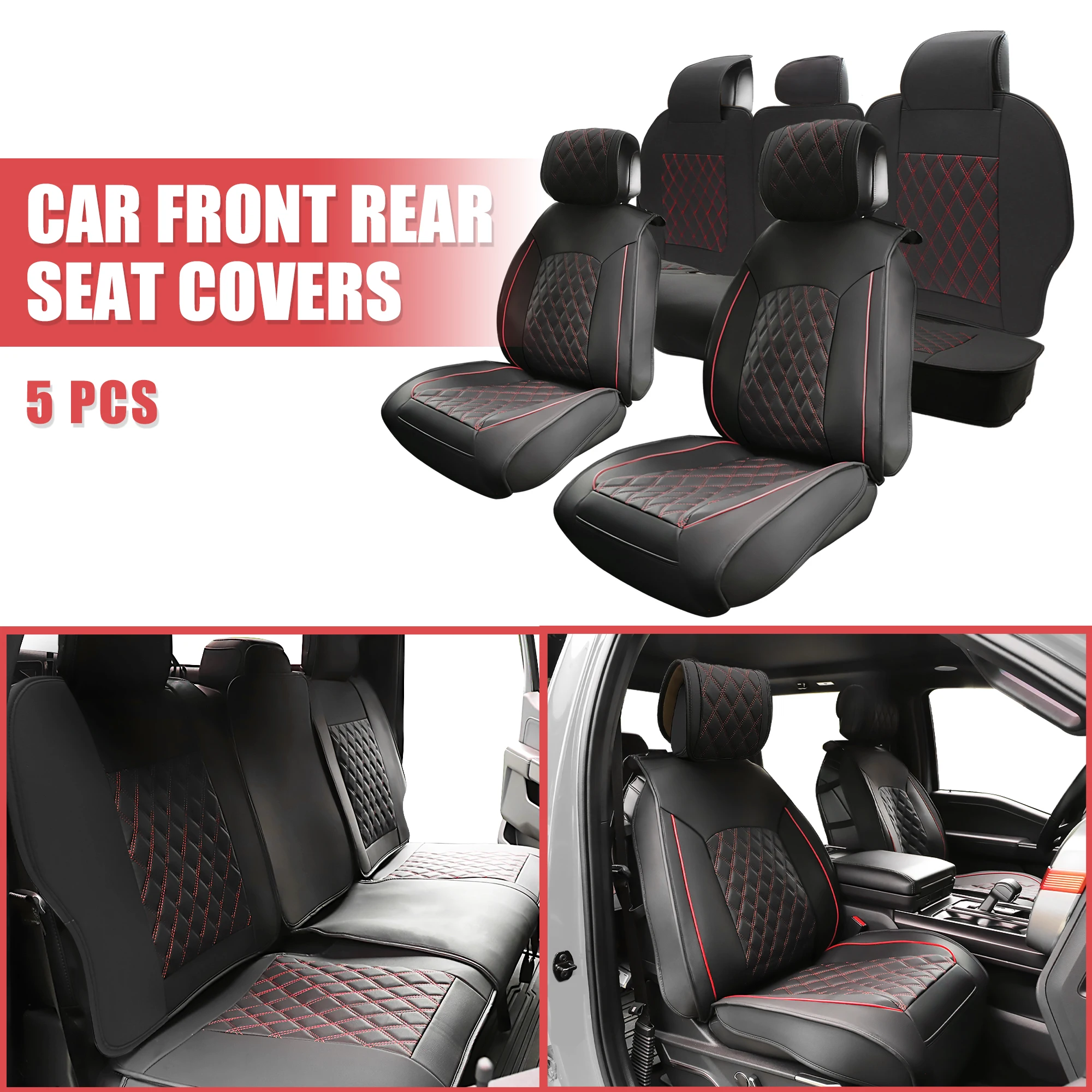 

X Autohaux Car Front Rear Seat Covers Seat Pad for Chevrolet Silverado 1500 Crew Cab 2007-2024 Waterproof Black Red Front Rear