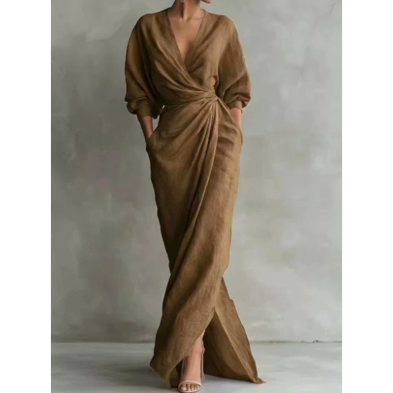 

Новинка 2026: Элегантное длинное платье с V-образным вырезом, однотонное, с завышенной талией, для свиданий