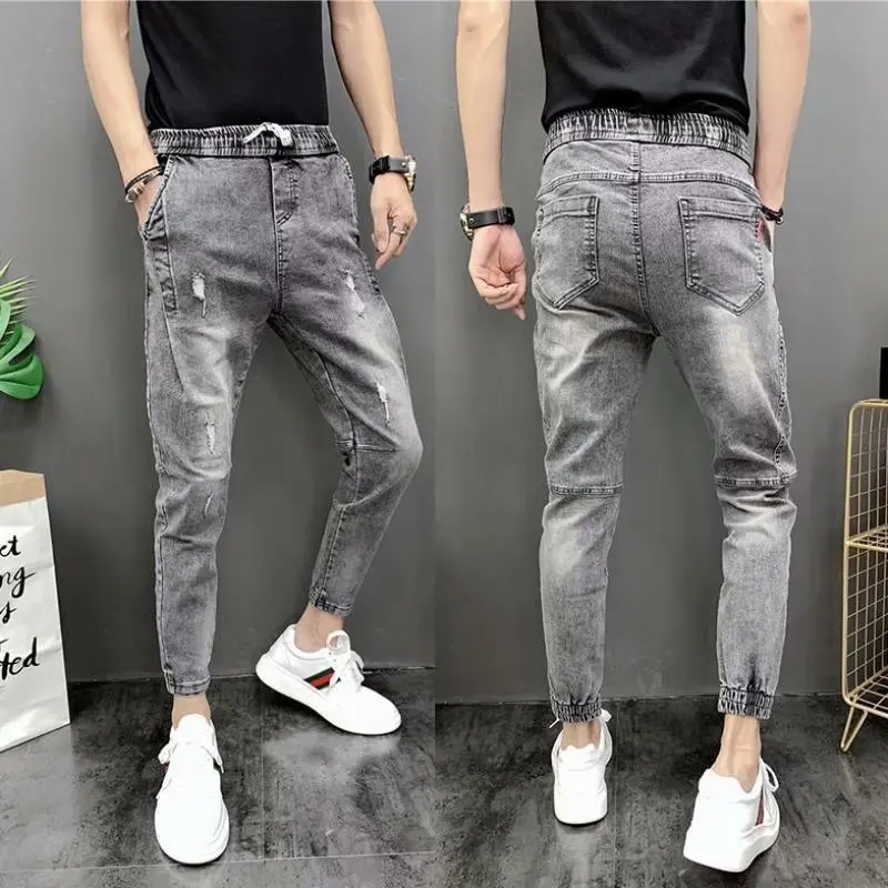 Spring And Summer 2022 Elastic Waist Jeans Men's Korean Slim Feet Ankle Length Jeans Social Spirit Guy Brand Teenagers Pants