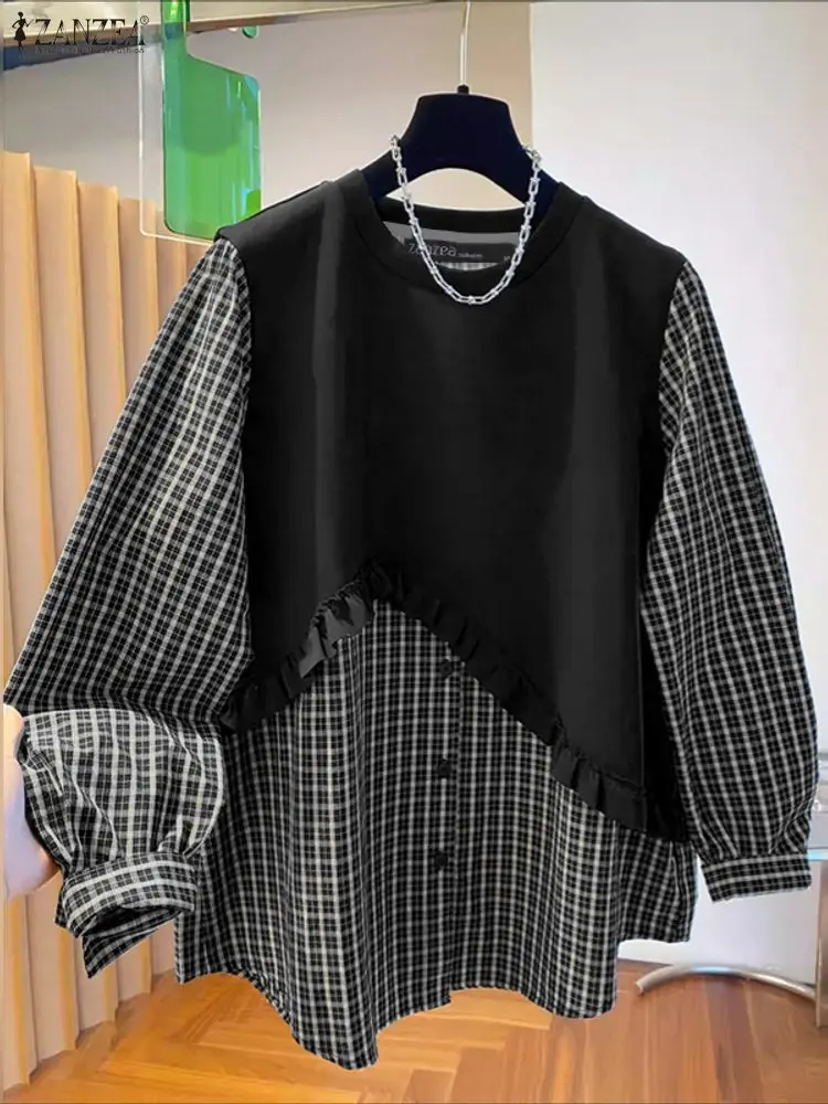 ZANZEA Moda Autunno Camicetta Donna Plaid Patchwork Top Casual O Collo Camicette a maniche lunghe Pullover allentato Elegante camicia da lavoro 2025