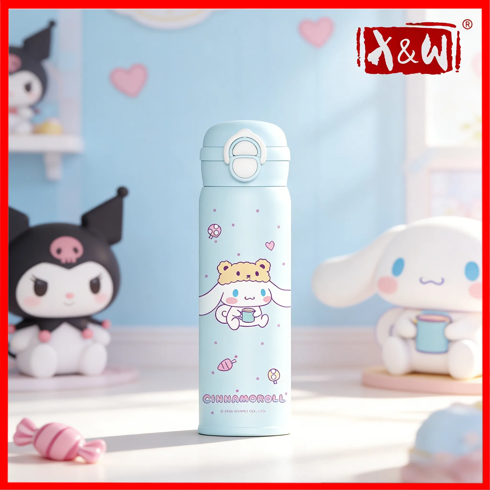 X&W 500 ml Thermosbecher der Sanrio-Serie, 316/304 Edelstahl + PP, Pop-Up-Strohhalm, isolierte Becher, Wasserflasche für den Einsatz im Schul- und Außenbereich
